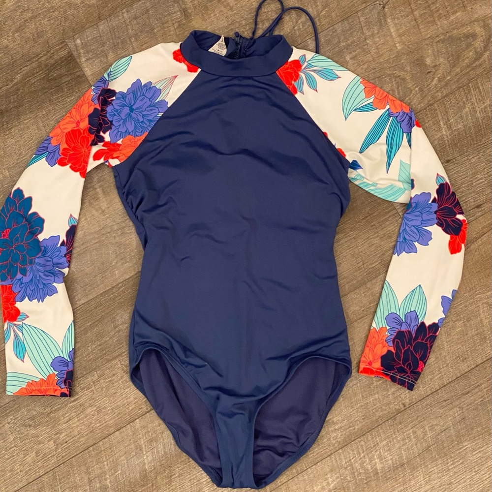 Blue/Floral Rash Guard Swimsuit